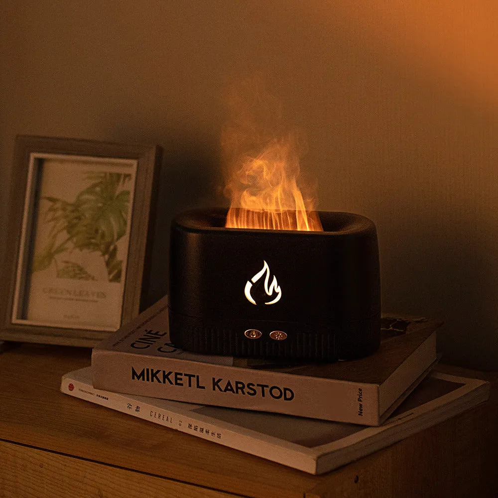 Simulated flame aromatherapy machine humidifier with 200ml tank USB power in Black and White