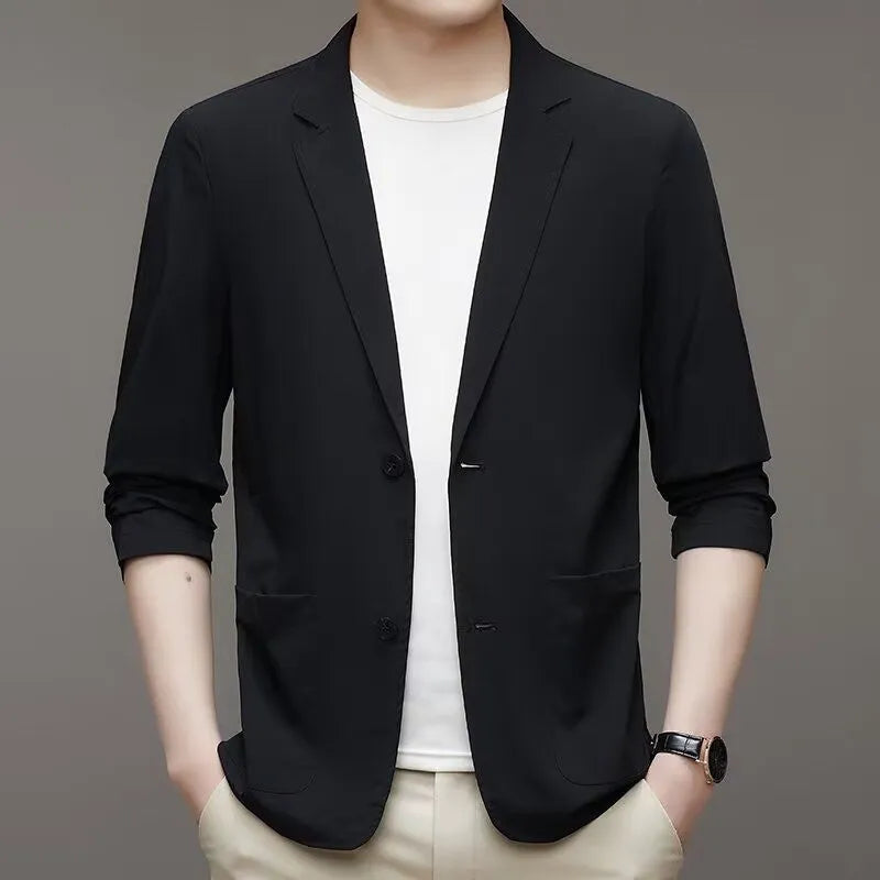 Ice silk men's lightweight casual stretch suit jacket in black with non-iron polyester fabric