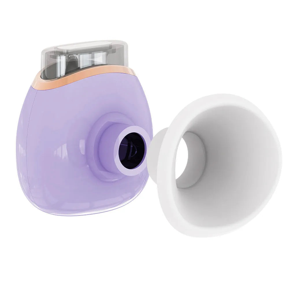 White and purple household eye humidifier device with USB charging cable on plain background