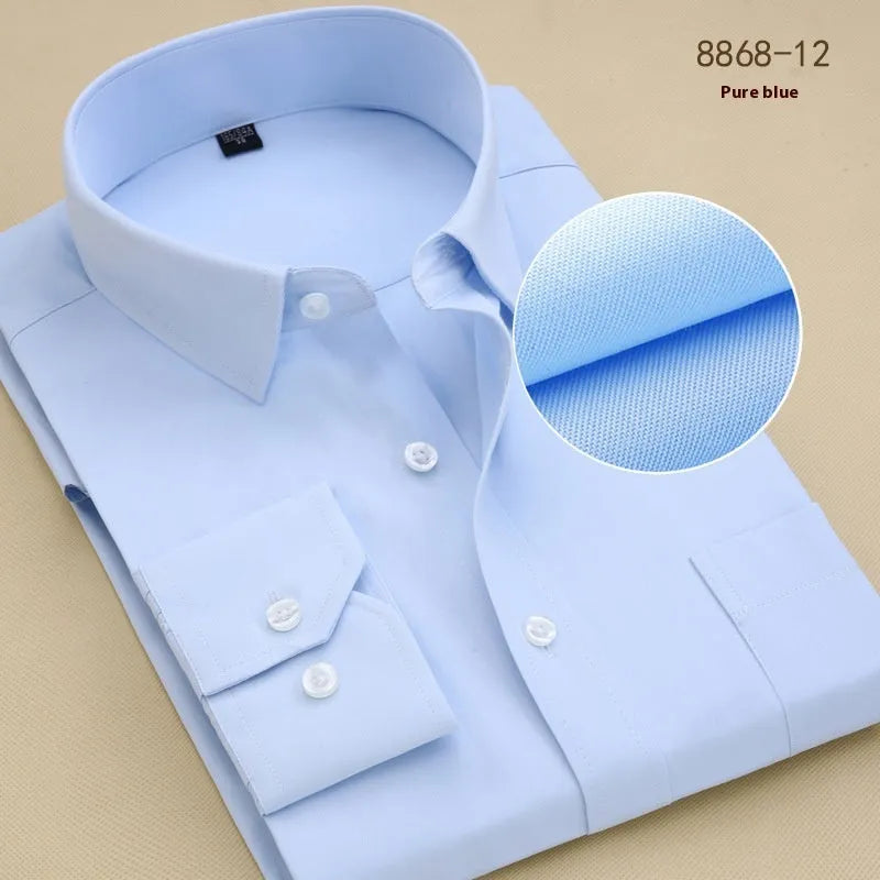 Men's black slim fit long sleeve cotton business shirt on a hanger.