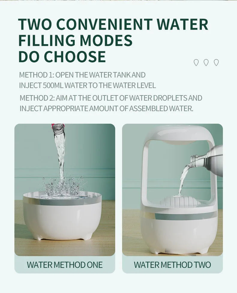 White anti-gravity humidifier showing water droplets flowing upwards, with USB cable and 500ml water tank.