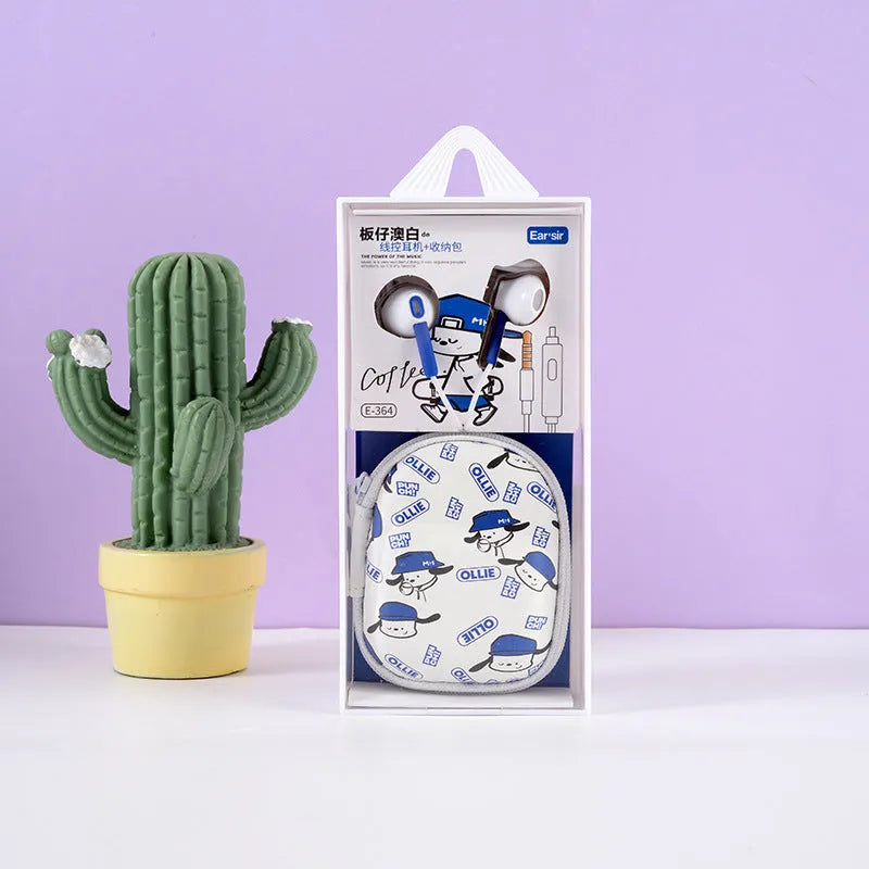 Wired cartoon student earphones with blue colour and round hole interface, in-ear design with ABS cable