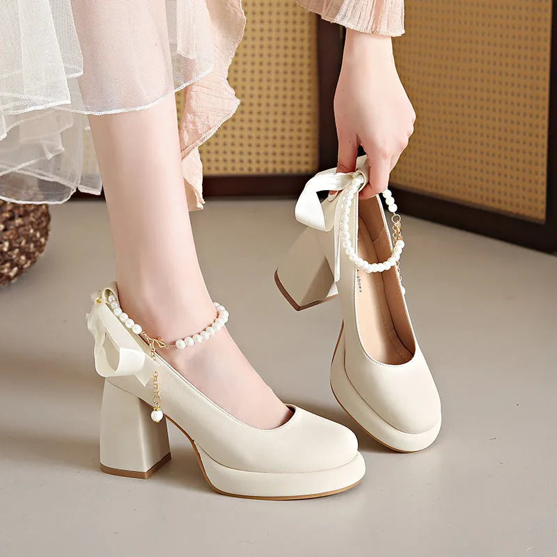 Women's beige preppy style Mary Jane shoes with chunky heel and ankle strap buckle