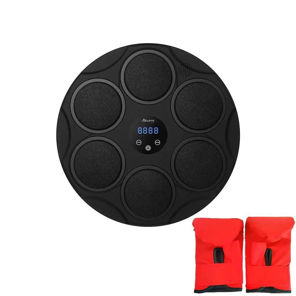 Black wall-mounted boxing target with coloured LED lights and Bluetooth connectivity for smart fitness training