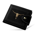 Men's black PU leather wallet with animal print pattern showing multiple card slots and zipper closure