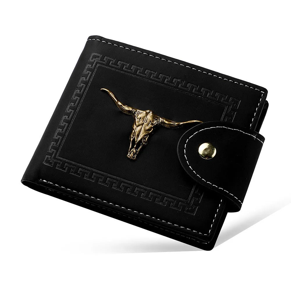 Men's black PU leather wallet with animal print pattern showing multiple card slots and zipper closure