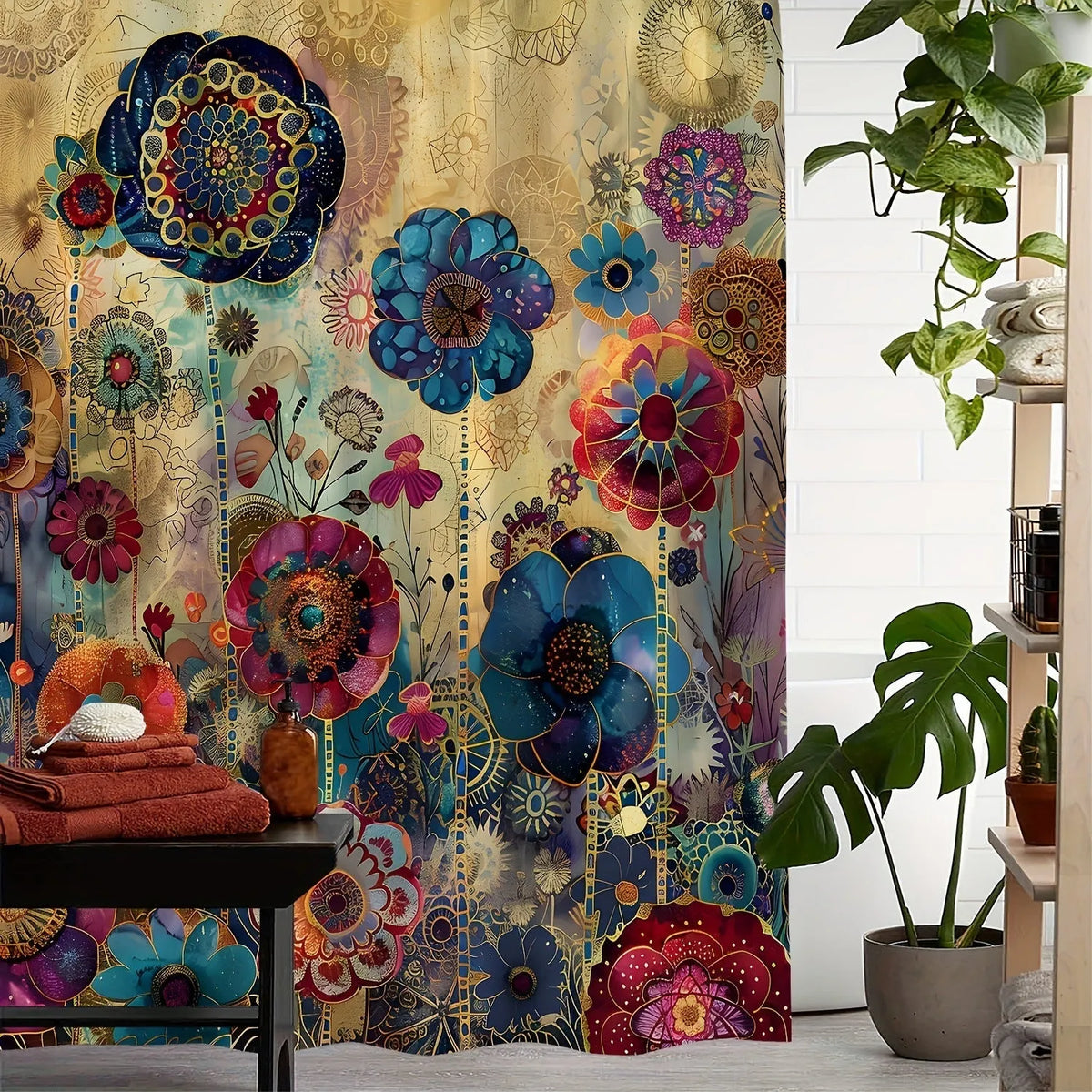 Retro creative flower waterproof polyester shower curtain with 12 hooks, available 90x180cm to 230x180cm.