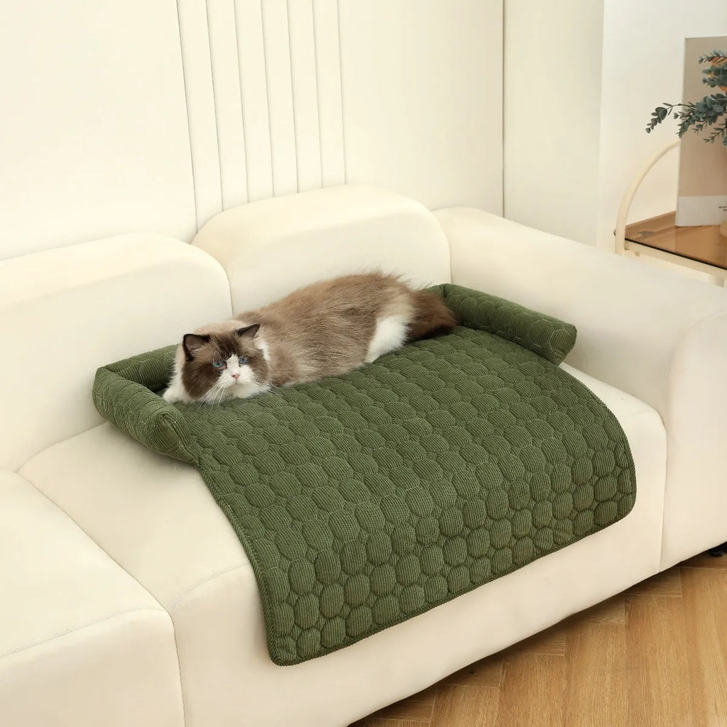 Corduroy pet dog cat bed blanket mat with neck pillow thick soft pad in beige color on a sofa