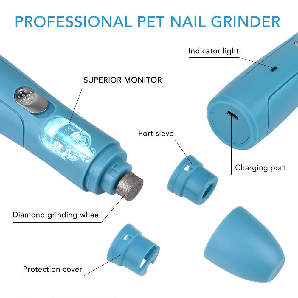 Blue electric pet nail grinder with diamond grinding head for safe dog claw trimming