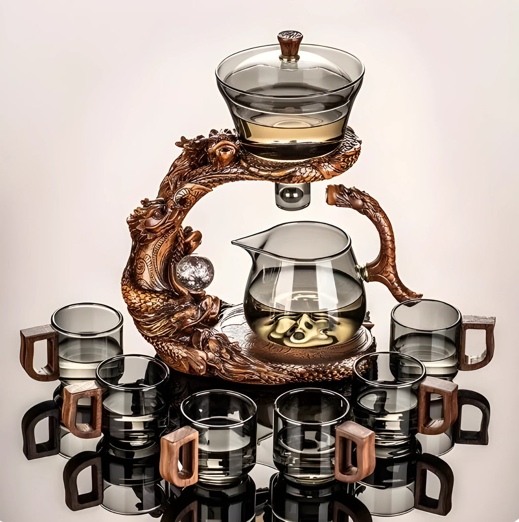 Dragon Year lazy glass automatic tea set in green gray walnut with bowl, base, and fair cup