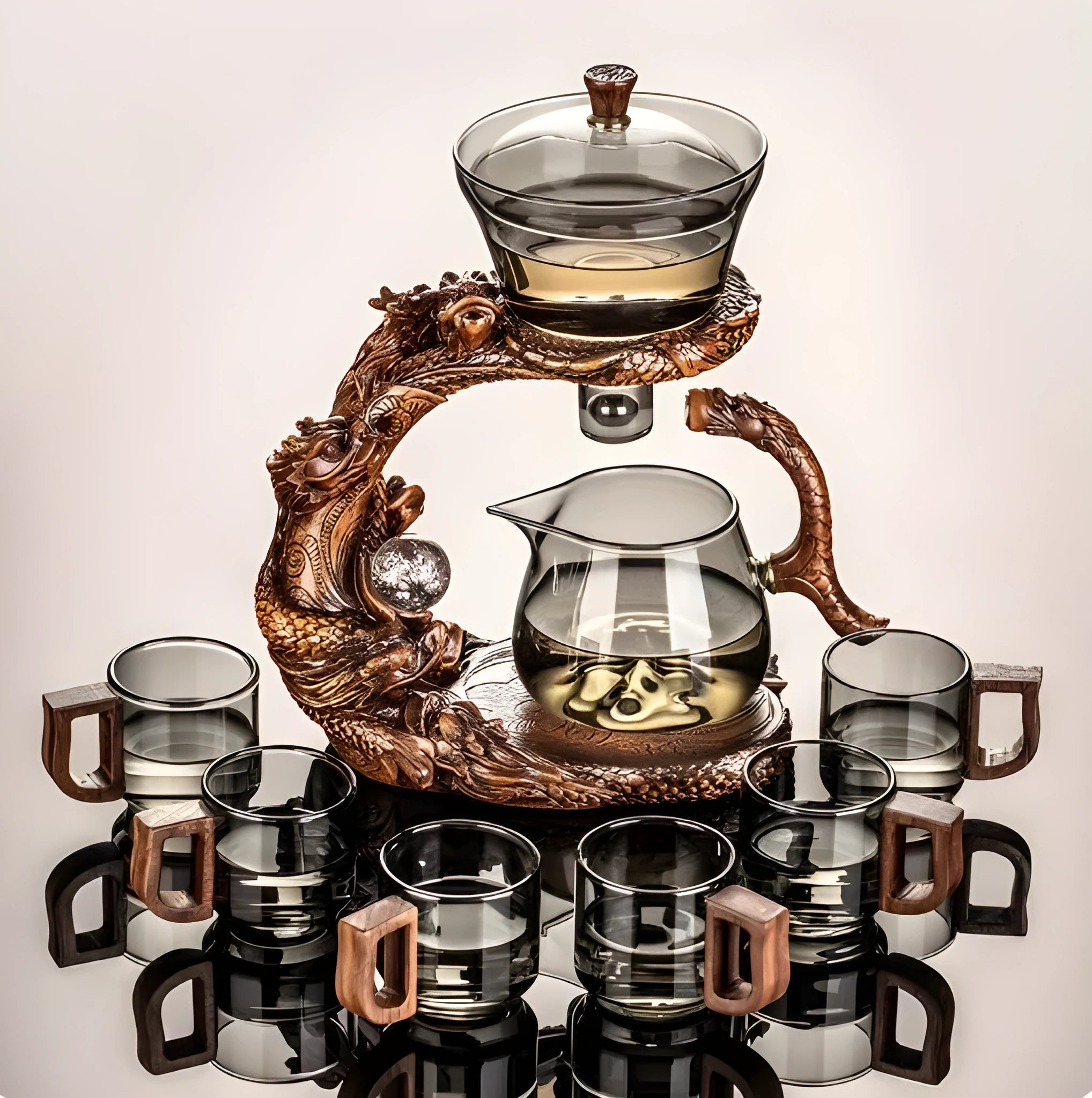 Dragon Year lazy glass automatic tea set in green gray walnut with bowl, base, and fair cup