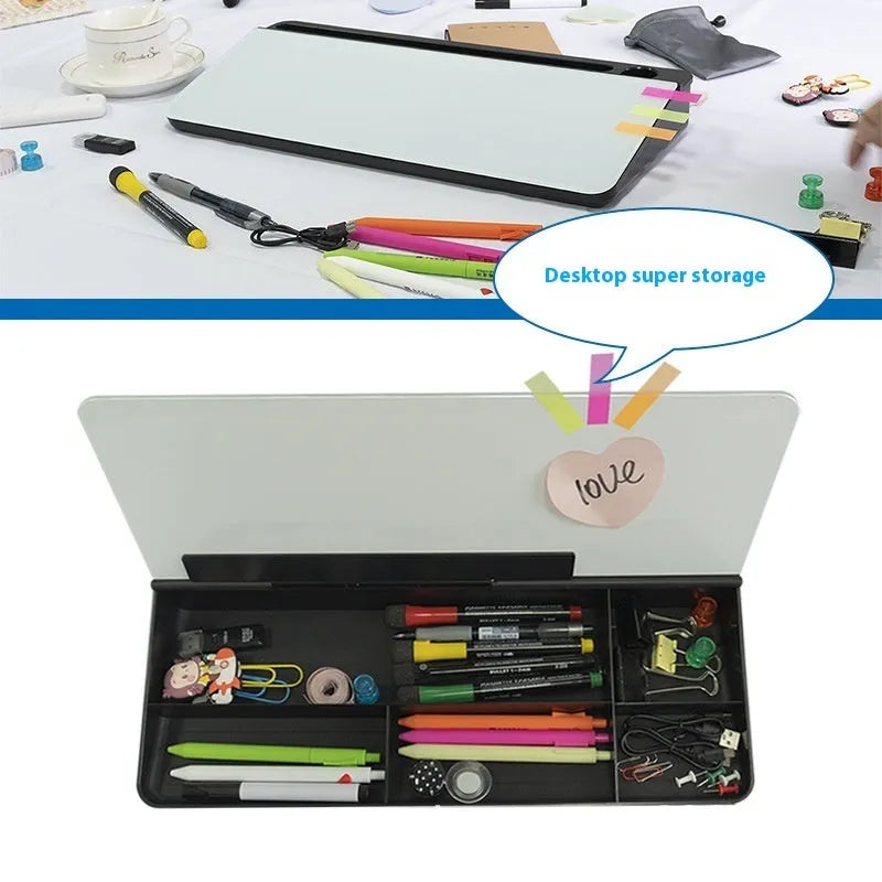 Table top glass whiteboard 18x40cm in black frame on a desk with markers