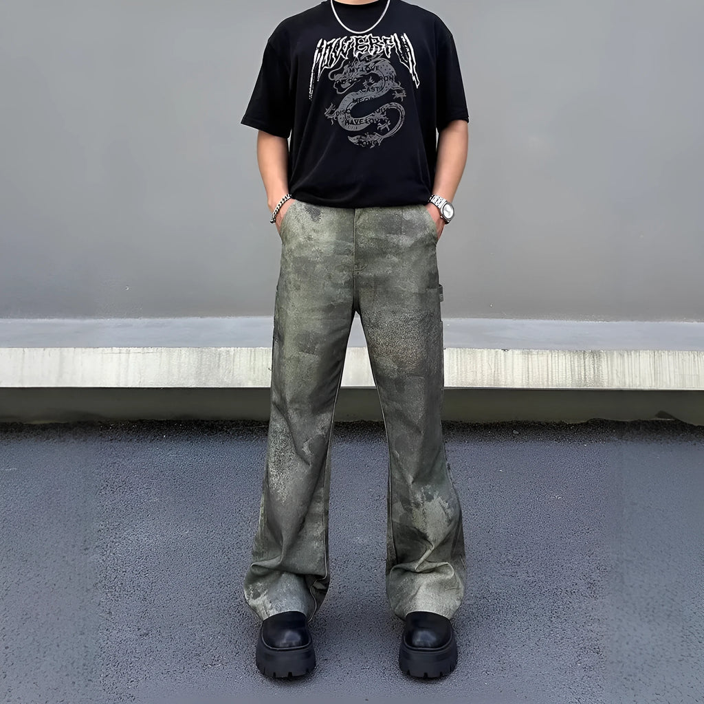 Men's straight cut camouflage jeans in cotton denim fabric showing digital pattern detailing