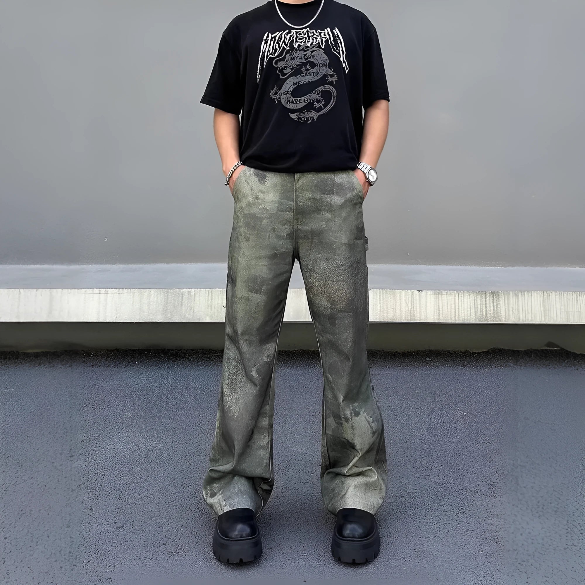 Men's straight cut camouflage jeans in cotton denim fabric showing digital pattern detailing