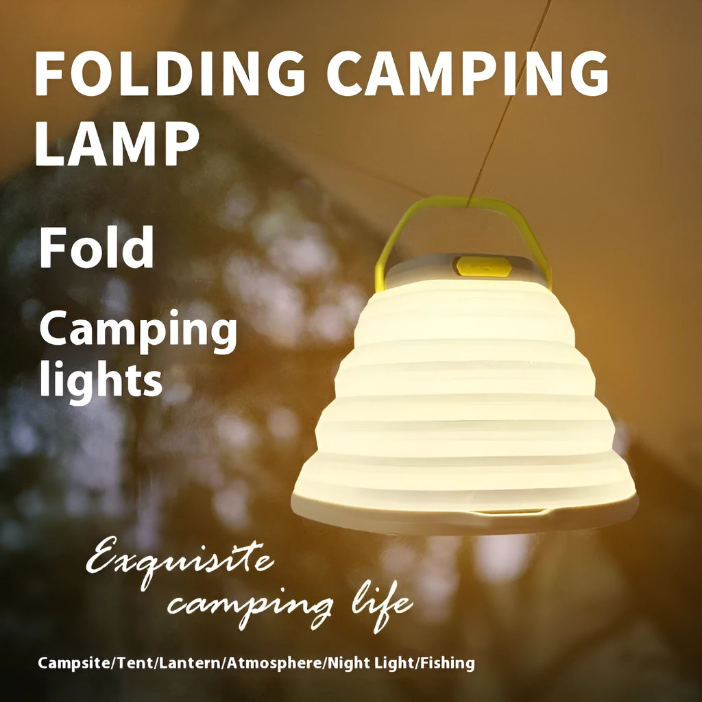 White portable camping lamp with a large capacity battery and a single control button.