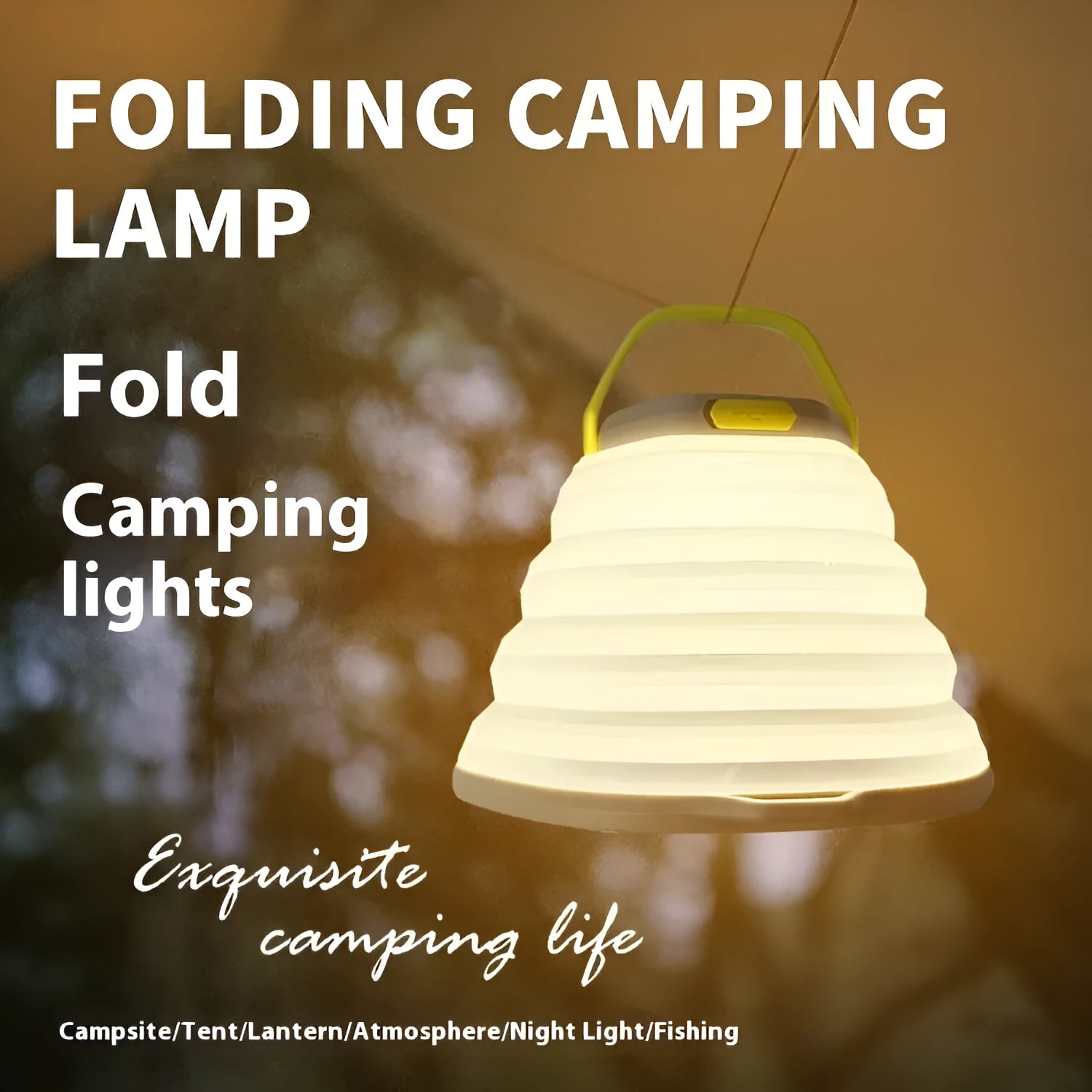 White portable camping lamp with a large capacity battery and a single control button.