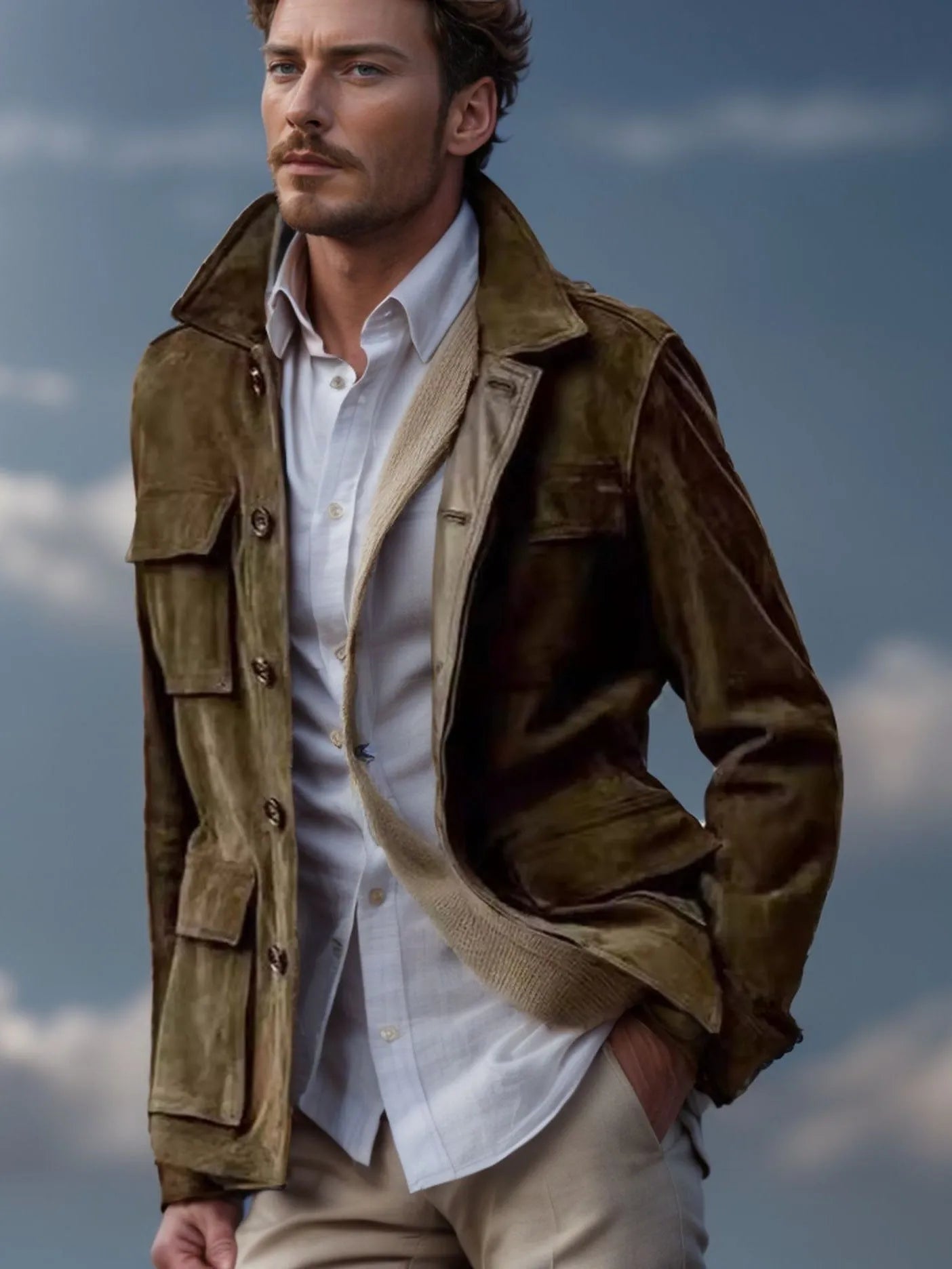 Men's solid colour multi-pocket trench coat in army green, polyester blend, front view