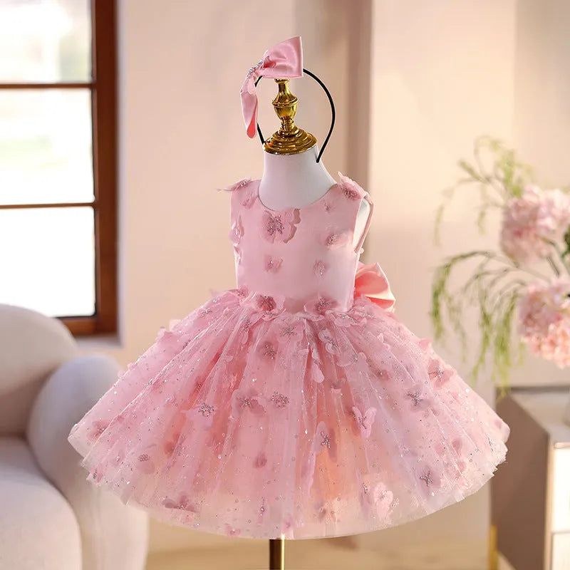 Pink children's little princess dress with polyester fibre fabric, suitable for heights 80-150cm, flower girl style