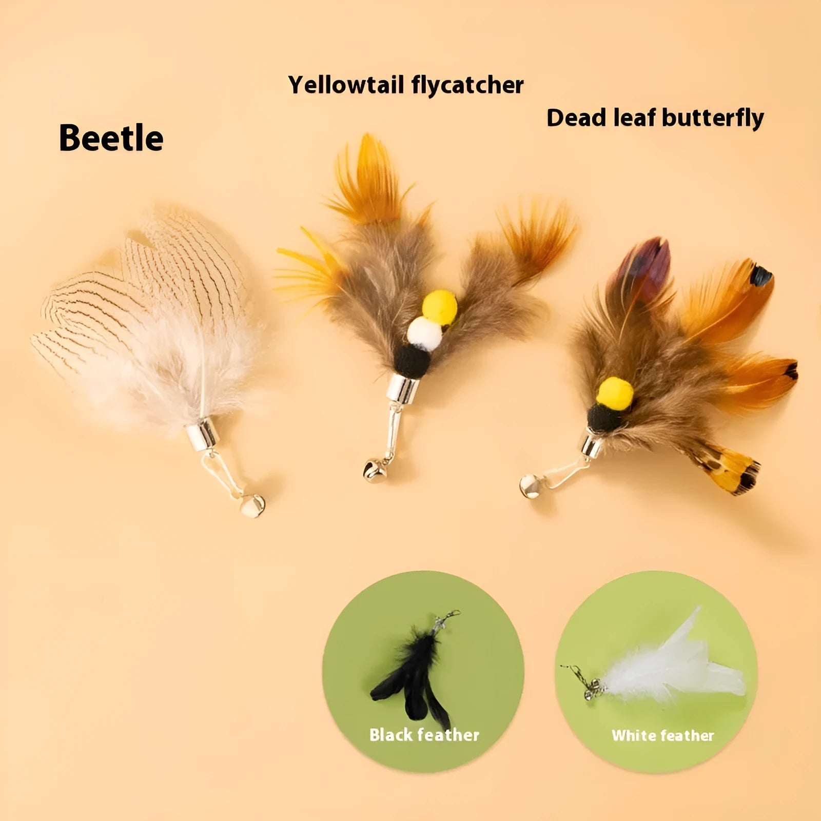 Three steel-wire flying insect-shaped cat toy replacement heads on a white background.