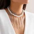 Imitation pearl tassel chain double-layer retro necklace with white K finish and geometric iron pendant