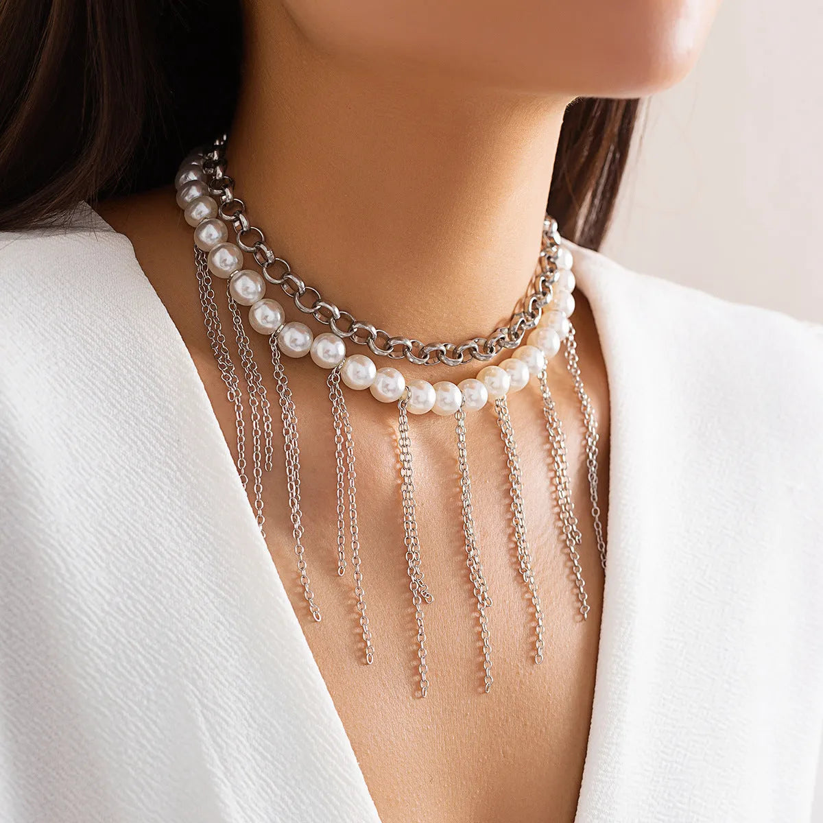 Imitation pearl tassel chain double-layer retro necklace with white K finish and geometric iron pendant