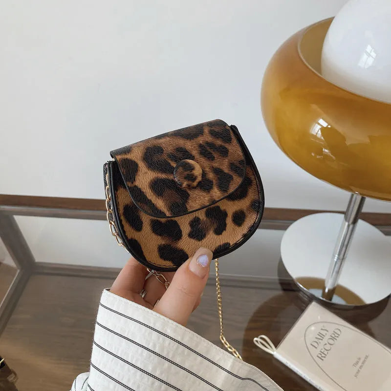 Mini leopard print PU saddle bag in horizontal square shape, with sandwich pocket, black or reddish brown