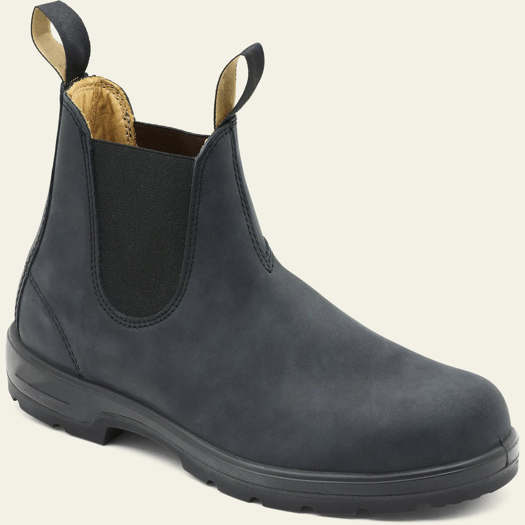 A pair of vintage-style unisex black Chelsea boots with a frosted artificial PU upper and a beef tendon sole.