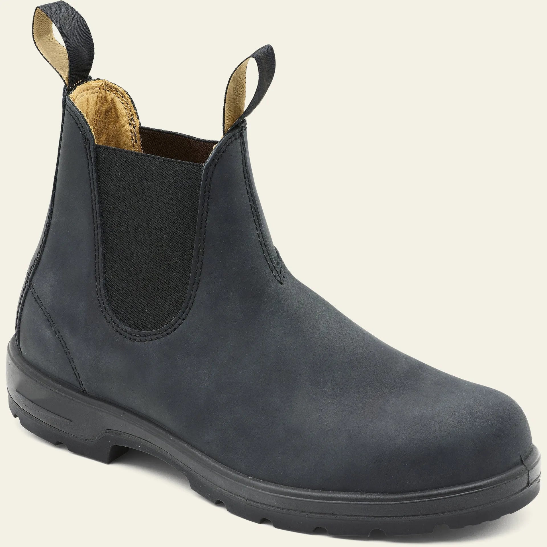 A pair of vintage-style unisex black Chelsea boots with a frosted artificial PU upper and a beef tendon sole.