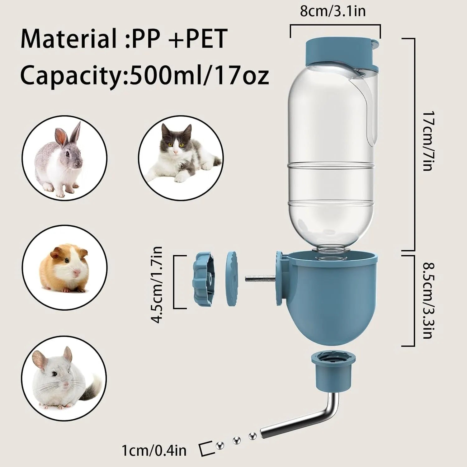 Small animal cage water bottle with rotatable nozzle in blue, white, or yellow colours