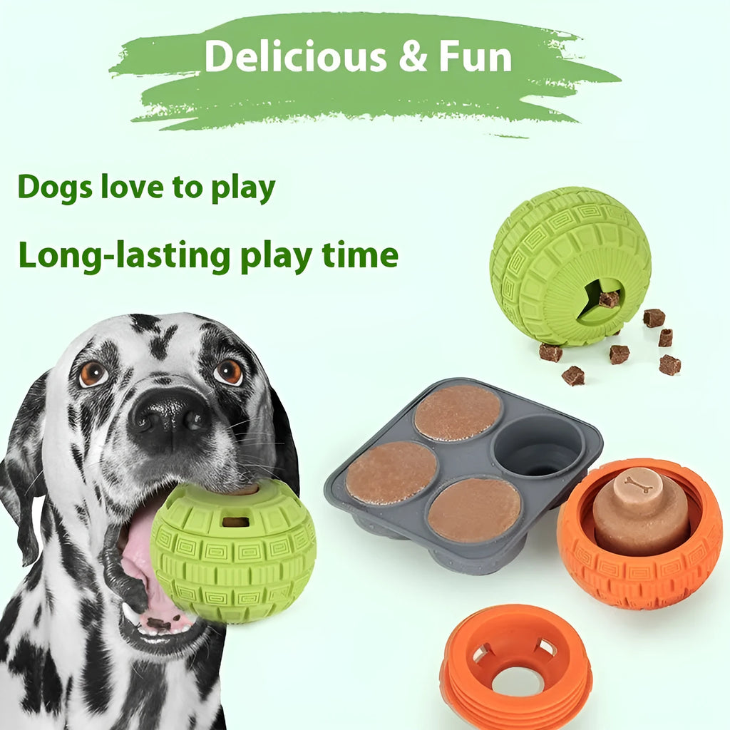 Green natural rubber dog ball with holes for food dropping, measuring 14cm long