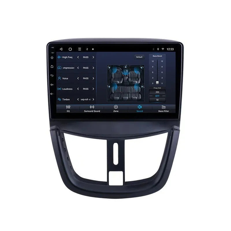 Black 9 inch Android car stereo with touchscreen display for Peugeot 207 featuring six configuration options