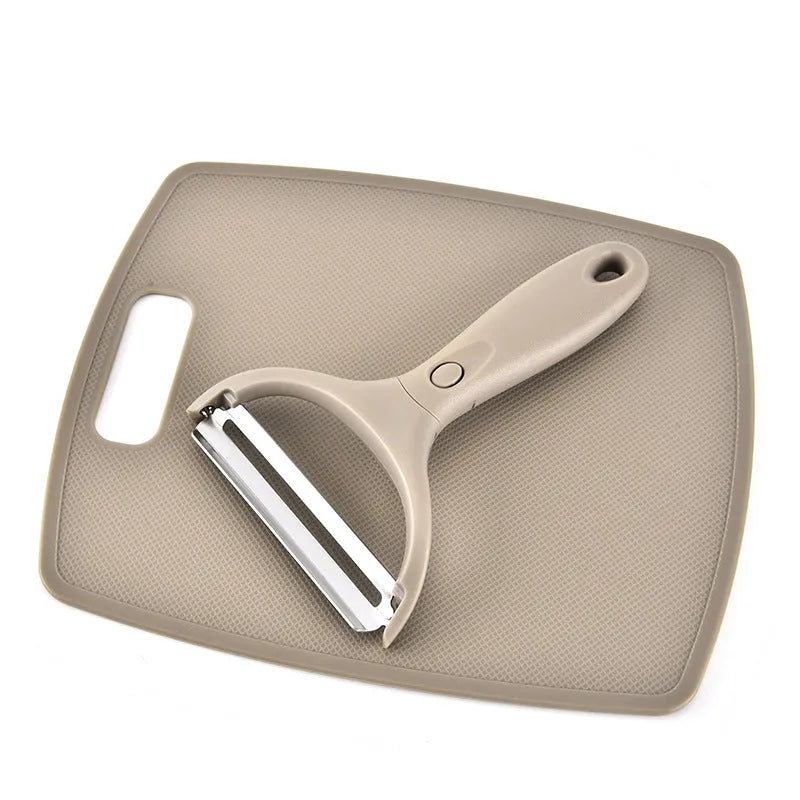 Eight-piece stainless steel kitchen tool set with wheat straw chopping board and ergonomic handle