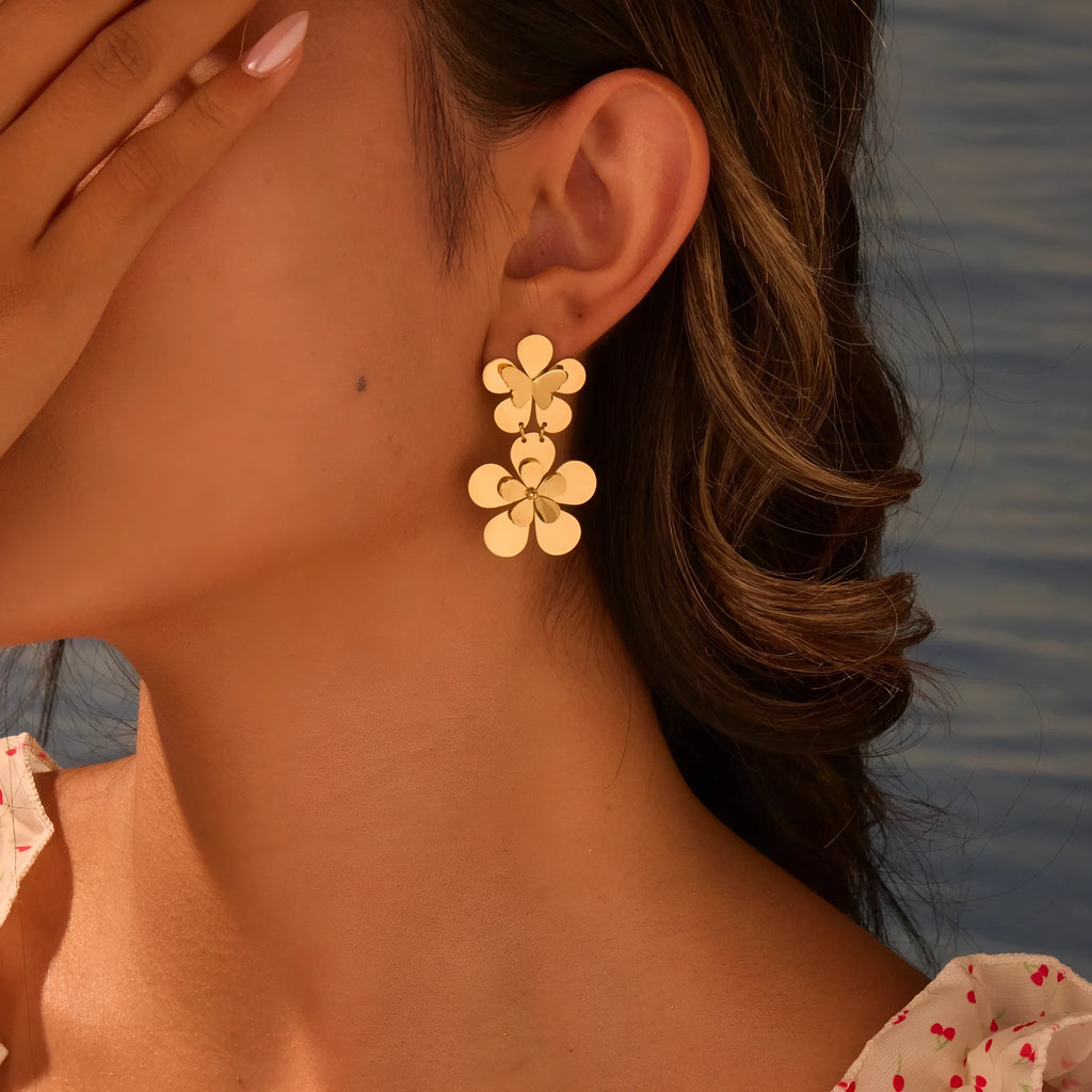 Gold electroplated flower butterfly earrings for women with stainless steel construction