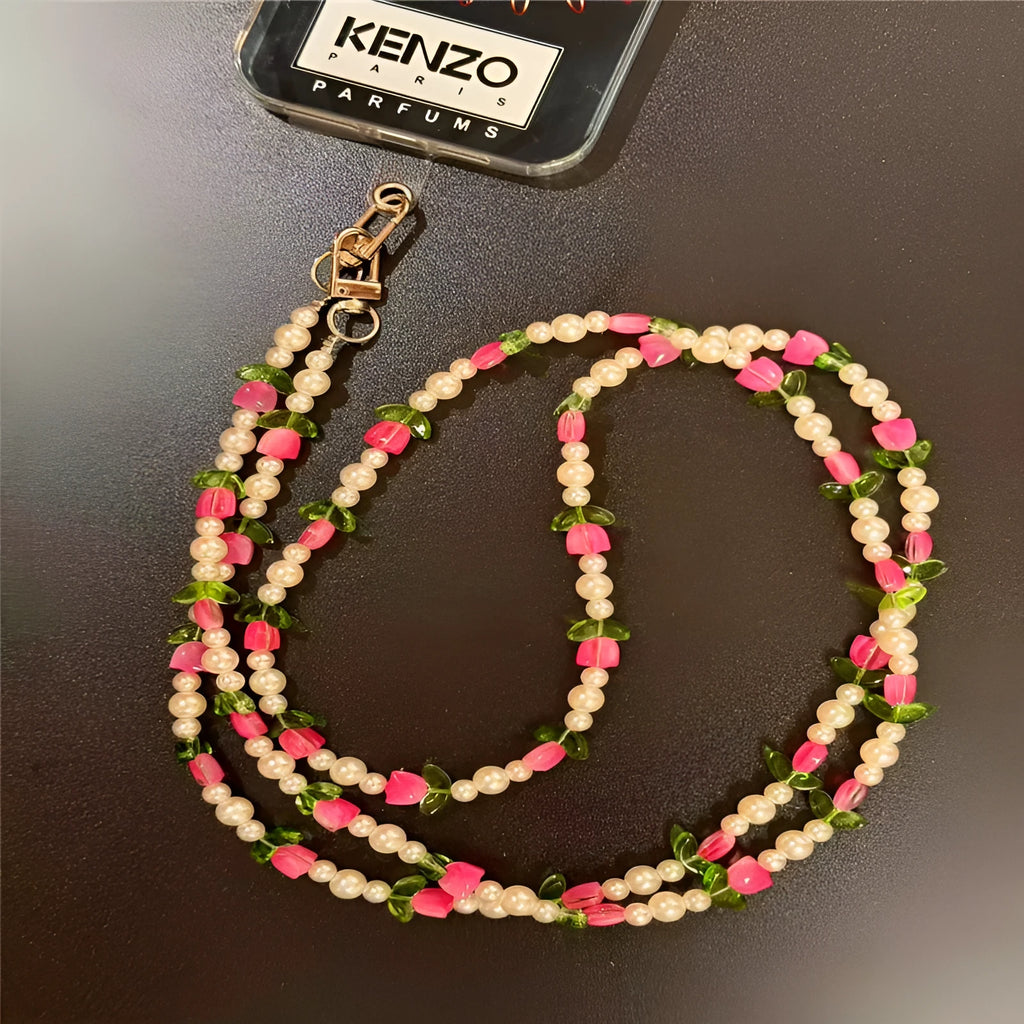 Tulip round beads mobile phone lanyard with card holder, long crossbody chain in PVC