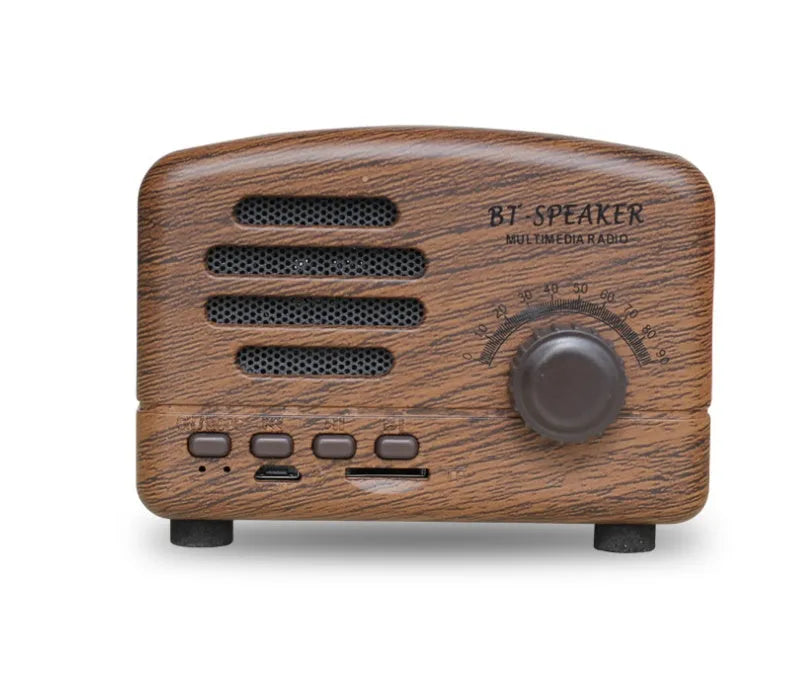 Vintage-style Bluetooth speaker with wood grain finish, showing compact size and front speaker grill.