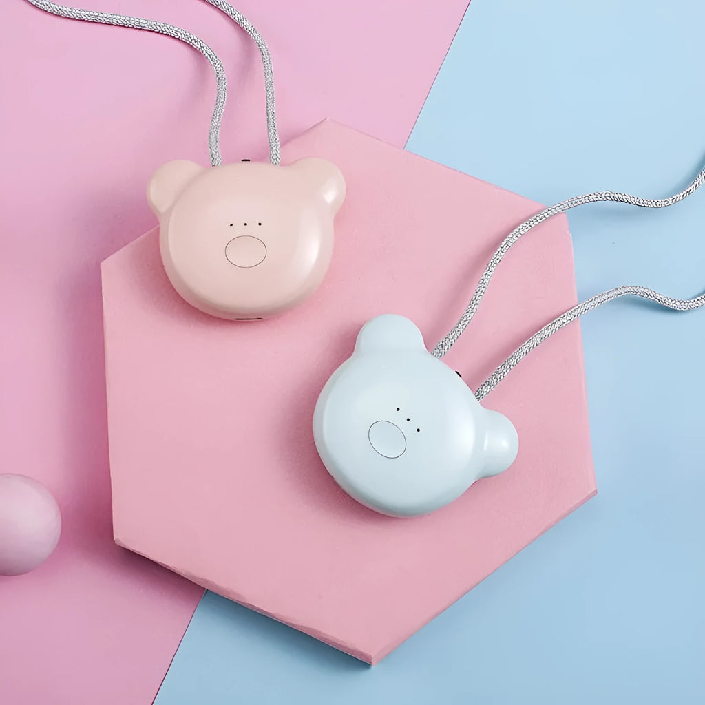 Mini USB portable air purifier necklace in blue, shown worn and with USB cable.