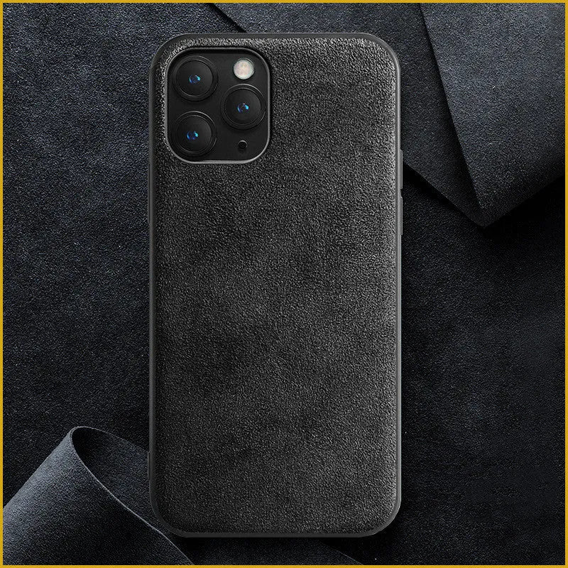 Suede back cover phone case for iPhone in elegant black, dark night green, and dark blue.