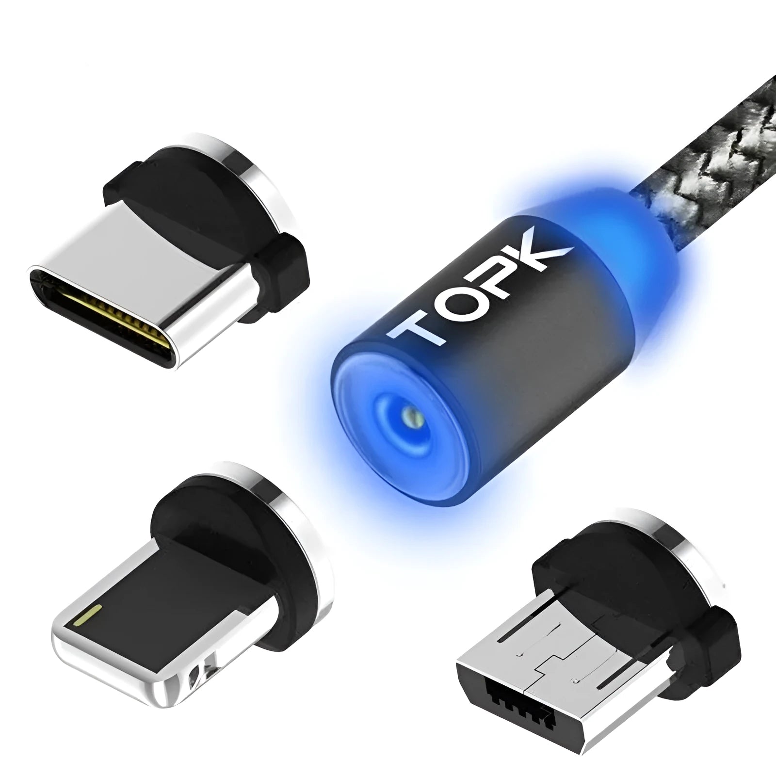 Magnetic charging cable with three interchangeable plugs: Apple Lightning, Type-C and Android micro-USB