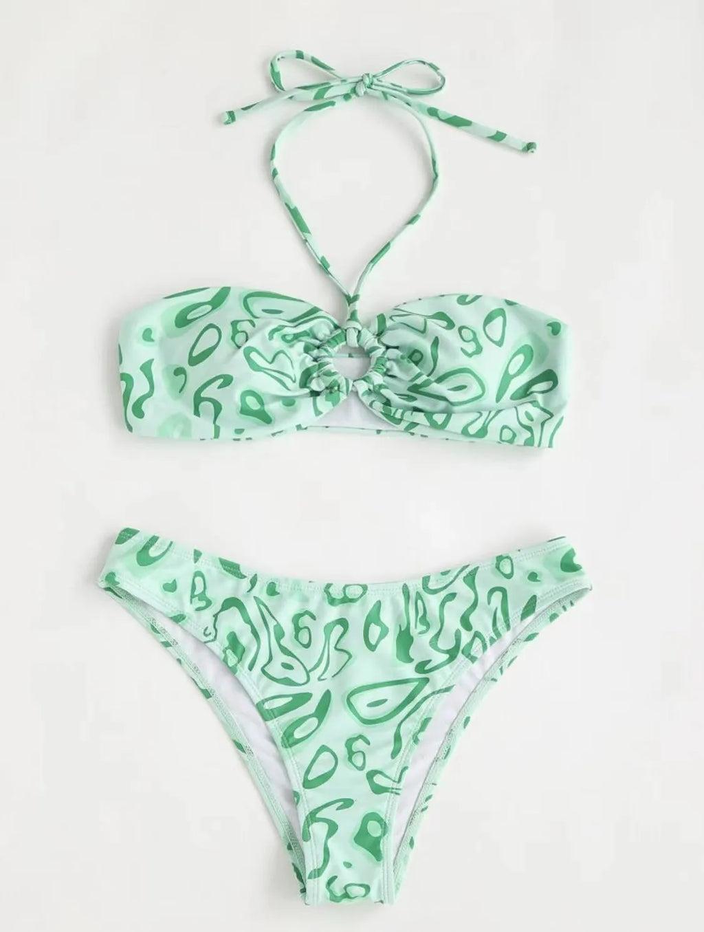 Green floral bandeau bikini split swimsuit with high elasticity polyester fabric