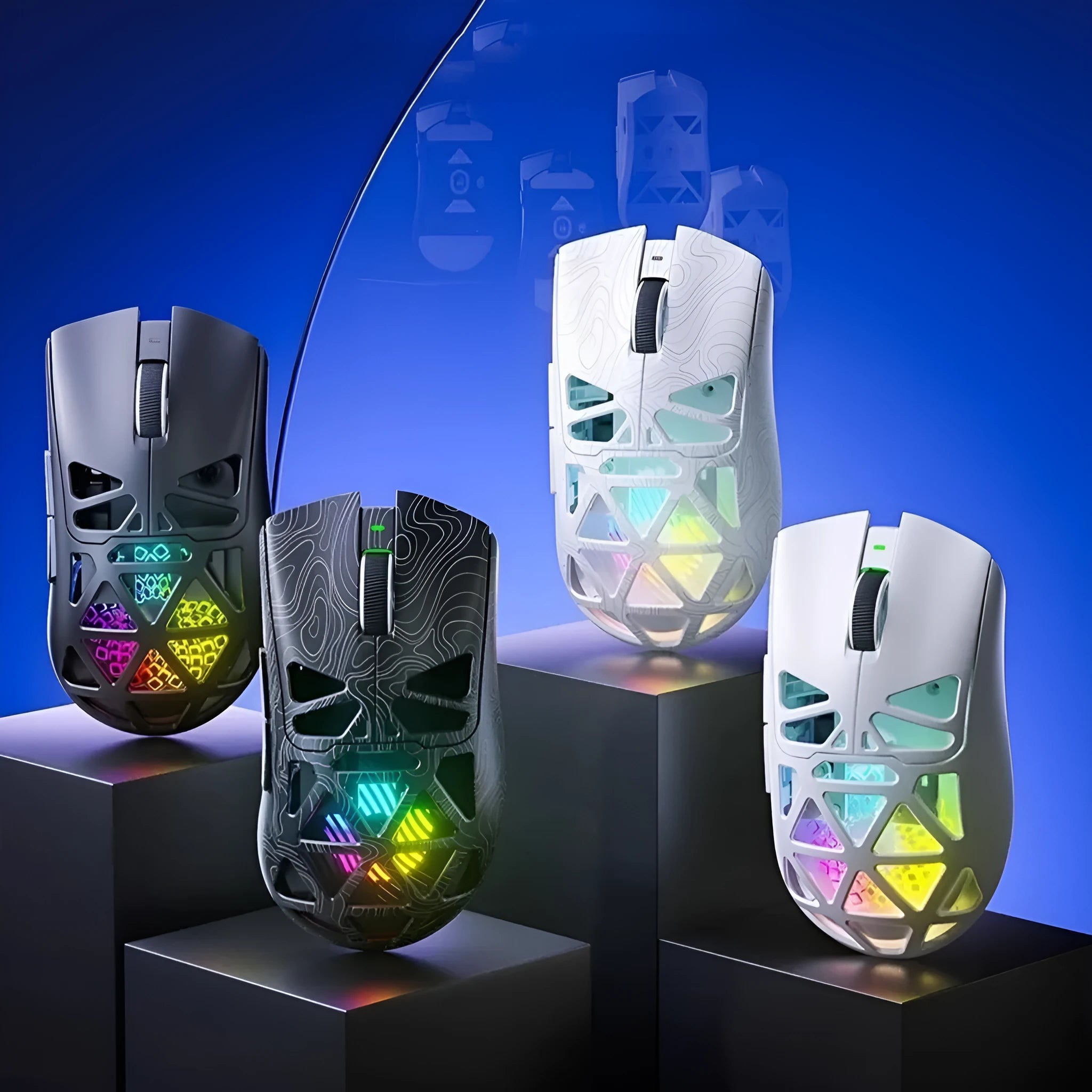 Wireless three-mode hollowed-out mouse in black, white, and pink contour variants for gaming and office use
