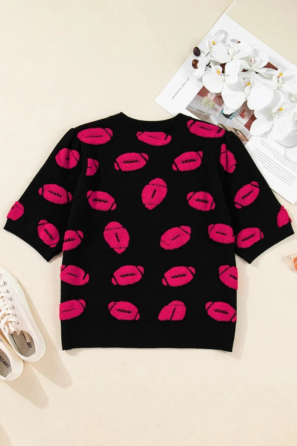 Women's high-grade printed casual knitted short sleeve top in black, slim fit, size S to XL.