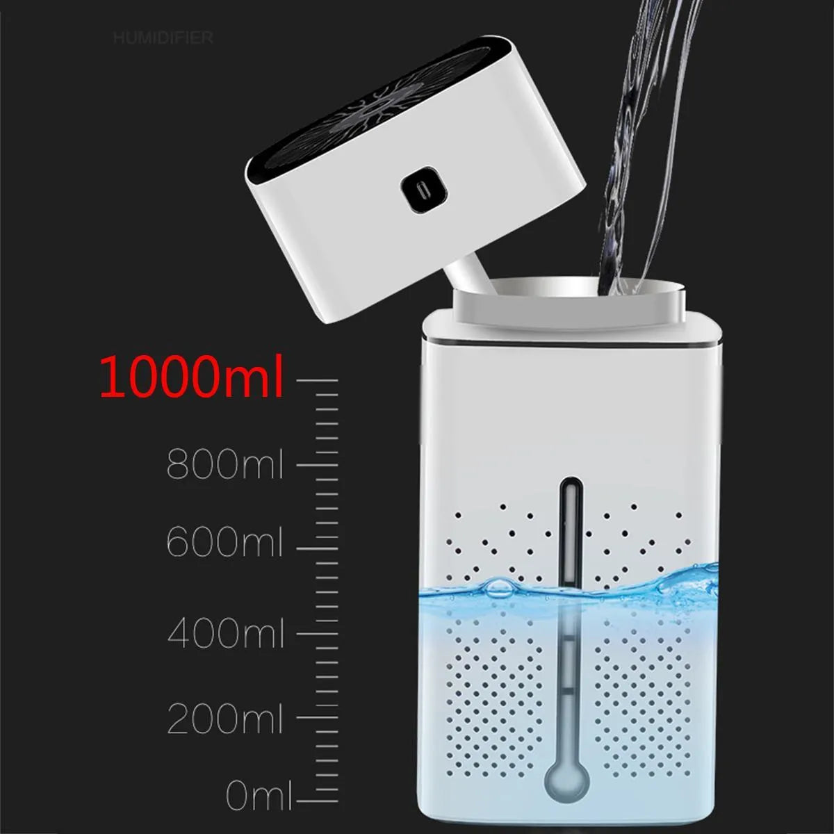 Black and white USB-powered desktop humidifier with 1000ml water tank on a desk.