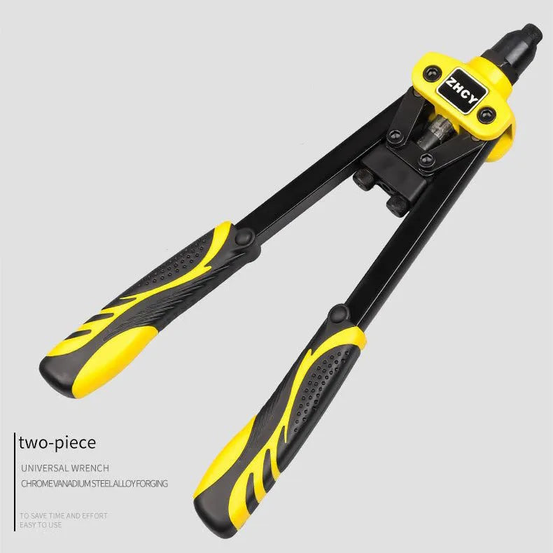 Yellow 13-inch manual rivet gun with three built-in tips for 3.2mm, 4.0mm and 4.8mm rivets
