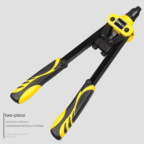 Yellow 13-inch manual rivet gun with three built-in tips for 3.2mm, 4.0mm and 4.8mm rivets