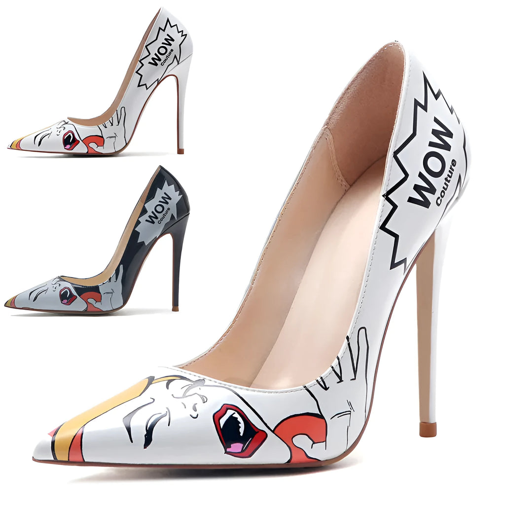 3D printed high heels in black grey with 12cm heel, breathable microfiber upper, and non-slip rubber sole