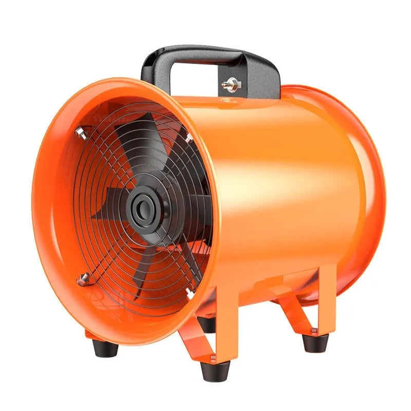 8-inch titanium steel axial flow fan with seven blades and a 5-metre flexible air duct for industrial ventilation.