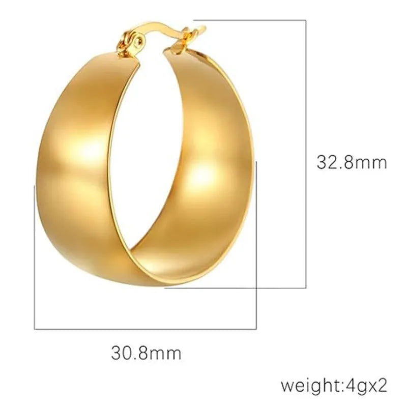 Widened curved stainless steel earrings with titanium construction in gold or steel colour, 25mm or 30mm diameter