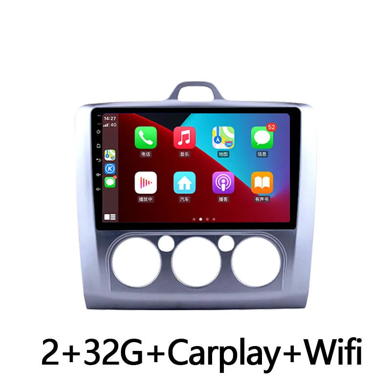 Android smart car head unit with 9-inch touchscreen for Ford Fox, showing interface with climate controls and navigation.