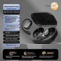 Ear-mounted wireless headphones with digital display screen in black, white, or skin colour