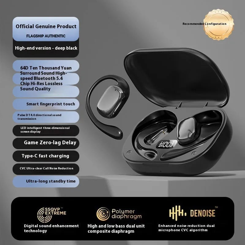 Ear-mounted wireless headphones with digital display screen in black, white, or skin colour